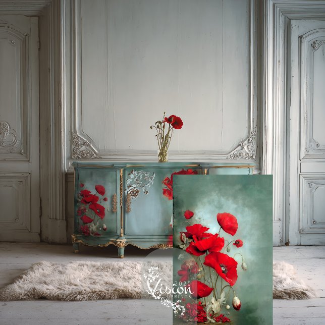 Papel De Seda Papoulas Vermelhas Brilhantes Turquesa Azul Claro (Vibrant Poppies, Botanical Art, Red and turquoise teal, long stem flowers decoupage tissue paper.)