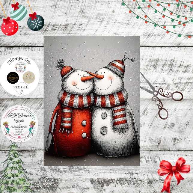 Papel De Seda Par de Bonecos de Neve Decoupage Chapéus Vermelhos (Criador carregado)