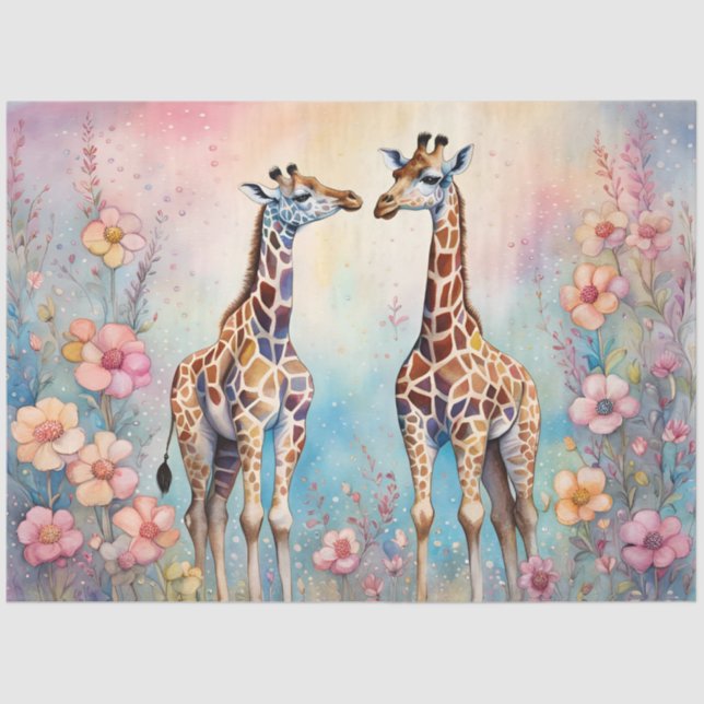 Papel De Seda Par de Girafas Apaixonadas num Jardim Pastel (Frente )