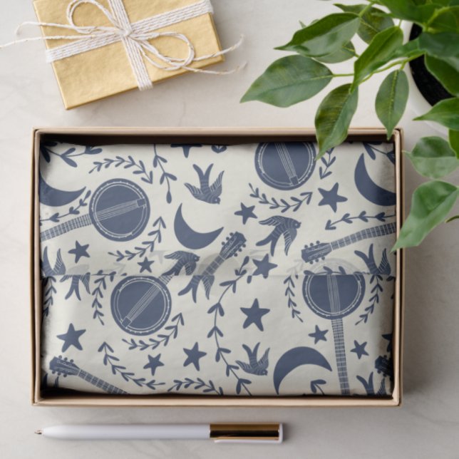 Papel De Seda Para Jogadores de Banjo Padrão de Arte Folk Azul e (Presente)