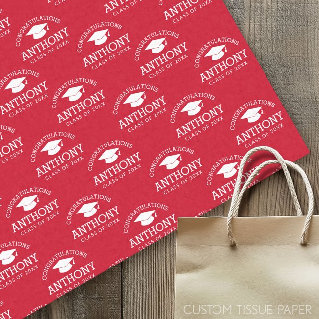 Papel De Seda Parabéns Graduado Boina de Graduação vermelha bran (Custom Tissue Paper)