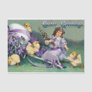 Papel De Seda Páscoa Vintage Saudações Garota Pintinho de Ovo