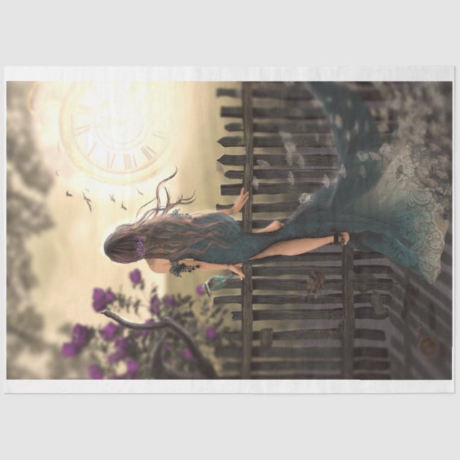 Papel De Seda Passando, Retrato Floral Pássaro Cerca Clock (Frente )