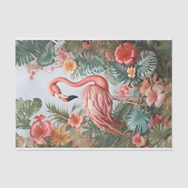 Papel De Seda Pássaro Flamingo Rosa Elegante e Flores Tropicais (Frente )