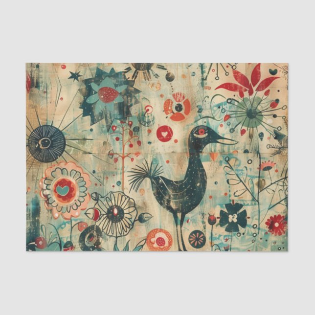 Papel De Seda Pássaro Negro Whimsical com Flores e Dodles (Frente )