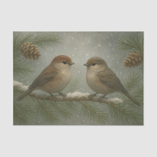 Papel De Seda Pássaros Cantores de Inverno em um Galho Nevado (Frente )