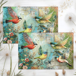 PAPEL DE SEDA PÁSSAROS COLORIDOS NO JARDIM MÍDIA MISTA DECOUPAGE