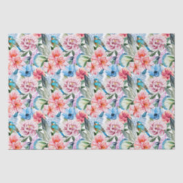 Papel De Seda Pássaros com Padrão Floral Flores Folhagem Azul Ve