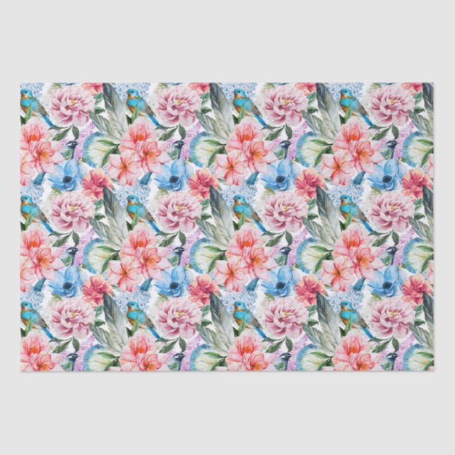 Papel De Seda Pássaros com Padrão Floral Flores Folhagem Azul Ve (Frente )
