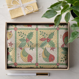 Papel De Seda Pássaros de Natal e Folhas de Azevinho em Arte Pop