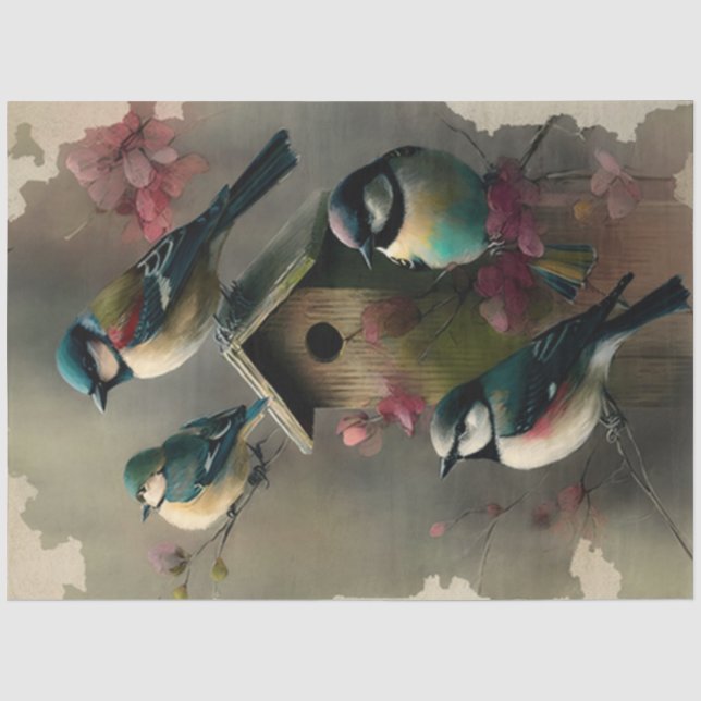 Papel De Seda Pássaros e Flores Série de Desenho de Efêmeras #18 (Frente )