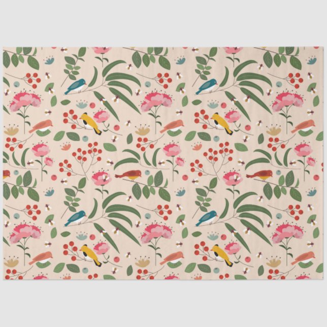 Papel De Seda Pássaros Florais De Mão Abelhas Padrão Botânico (Frente )