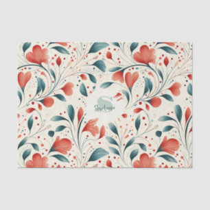 Papel De Seda Pasta Azul Whimsical e Padrão Floral Vermelho