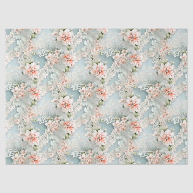 Papel De Seda Pastel Azul e Rosa Florais Vitorianos (Frente )