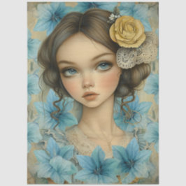 Papel De Seda Pastel Blue Florals & Girl with Flower in Her Hair
