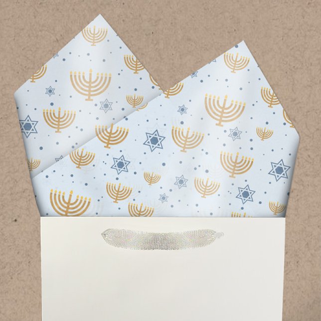 Papel De Seda Pastel Blue Hanukkah Menorah Star de David Pattern (Criador carregado)