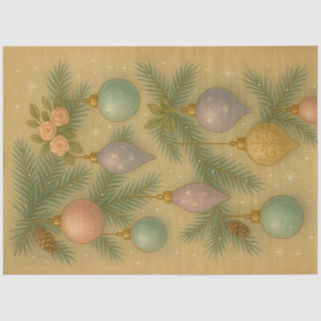 Papel De Seda Pastel Christmas Ornaments & Pines Decoupage (Frente )