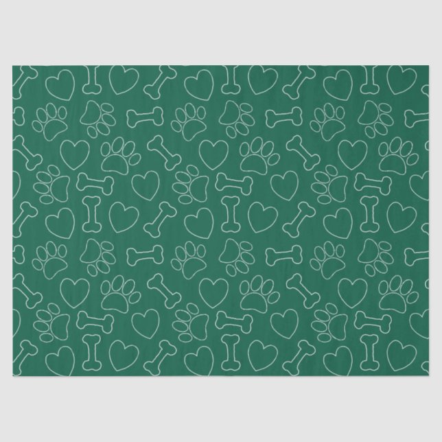 Papel De Seda Patas de Cachorro Corações e Ossos Padrão Verde Pe (Frente )