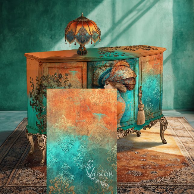Papel De Seda Patina Damask, padrões desgastados de fundo (Patina Damask, Weathered, Embossed effect, Vibrant Patterned Background Decoupage Tissue Paper)