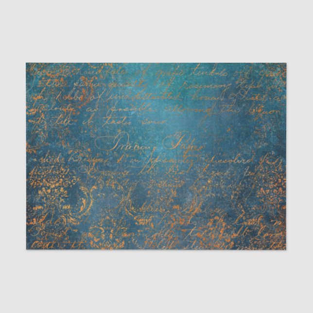 Papel De Seda Pátina de Cobre Grunge e Caligrafia Turquesa (Frente )