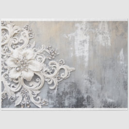 Papel De Seda Patina de Prata Bordada com rendas Florais Off-Whi