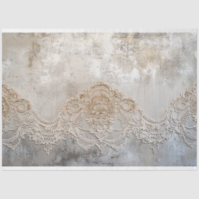 Papel De Seda Patina de Renda, Fundo Bege Cinza Chic Retrô (Frente )