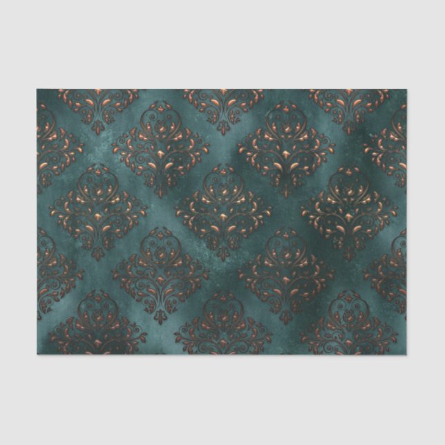 Papel De Seda Patina e Rust Damask Teal Paper (Frente )