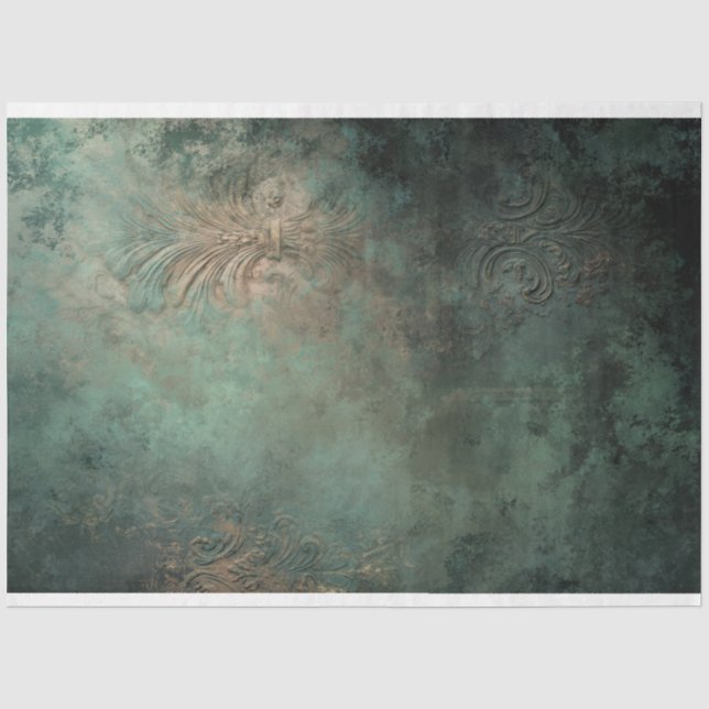 Papel De Seda pátina verde esmeralda, textura de damasco desgast (Frente )
