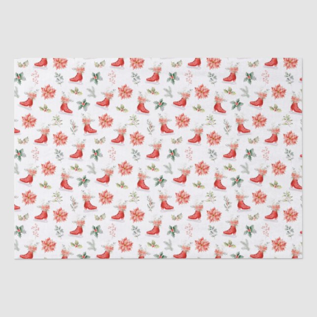 Papel De Seda Patins de Gelo Vermelhos Florais de Natal (Frente )