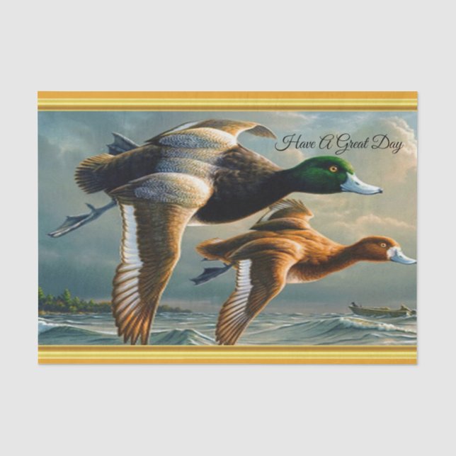 Papel De Seda Patos que voam sobre o mar com um bote abaixo (Frente )