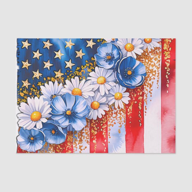 Papel De Seda Patriotic American Flag Floral Glitter (Frente )