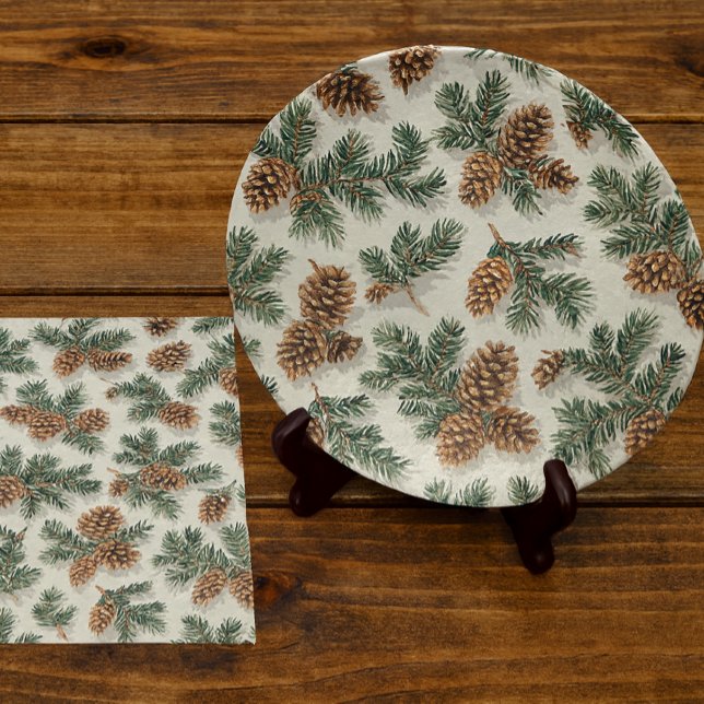 Papel De Seda Pauis Sempre Verde e Pinha  (Evergreen and pine decoupage plate. Tissue paper for gift wrap and crafts )
