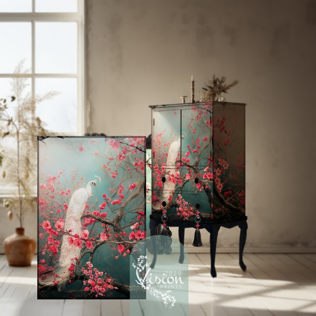 Papel De Seda Pavão Branco Etéreo, Árvore de Cerejeira em Flor (White Peacock, Pink Cherry Blossoms, Chinoiserie inspired, realism, Artwork, Decoupage Tissue Paper.)