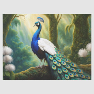 Papel De Seda Pavão branco-majestoso e azul na floresta
