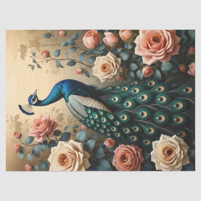 Papel De Seda Pavão com Decoupage de Rosas Rosa e Pêssego (Frente )
