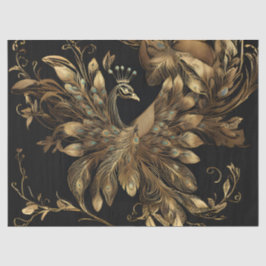 Papel De Seda Pavão Dourado Com Penas Azuis em Preto