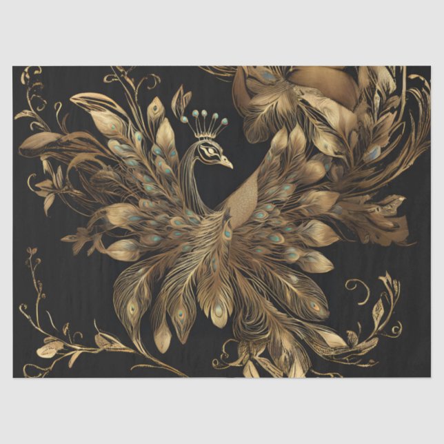 Papel De Seda Pavão Dourado Com Penas Azuis em Preto (Frente )
