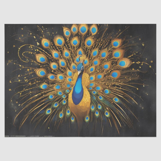 Papel De Seda Pavão Dourado Com Penas Azuis em Preto (Frente )