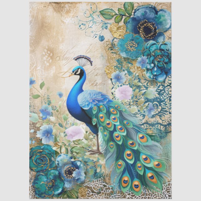 Papel De Seda Pavão & Elegantes Flores Azuis Turquesa Distressid (Frente )