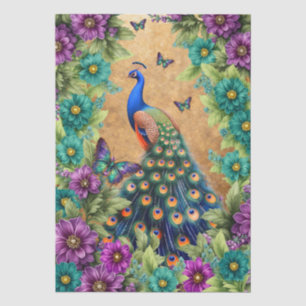 Papel De Seda Pavão Floral Elegante e Borboletas Decoupage