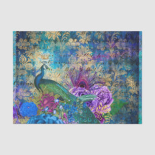 Papel De Seda Pavão-Pavão Decoupage Azul e Flores Roxas