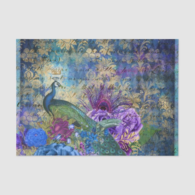 Papel De Seda Pavão Pavões Decoupage Flores Azuis e Roxas (Frente )