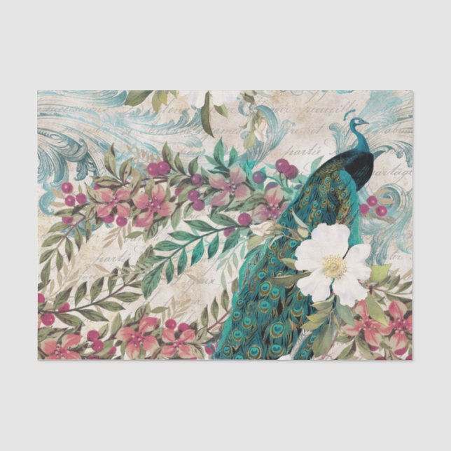 Papel De Seda Pavão Pavões Decoupage Flores Rosa Elegante (Frente )