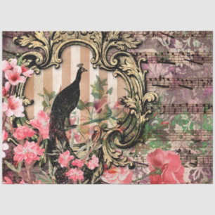 Papel De Seda Pavão vintage floral nota musical rosa e dourado