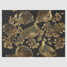 Papel De Seda Pavões Dourados em Preto