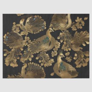 Papel De Seda Pavões Dourados em Preto