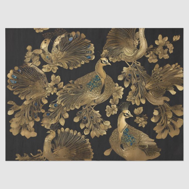 Papel De Seda Pavões Dourados em Preto (Frente )