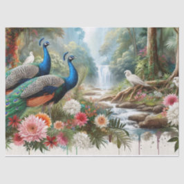 Papel De Seda Pavões Elegantes na Floresta com Flores