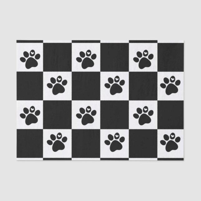 Papel De Seda Pawprint Preto e Branco Verificado (Frente )
