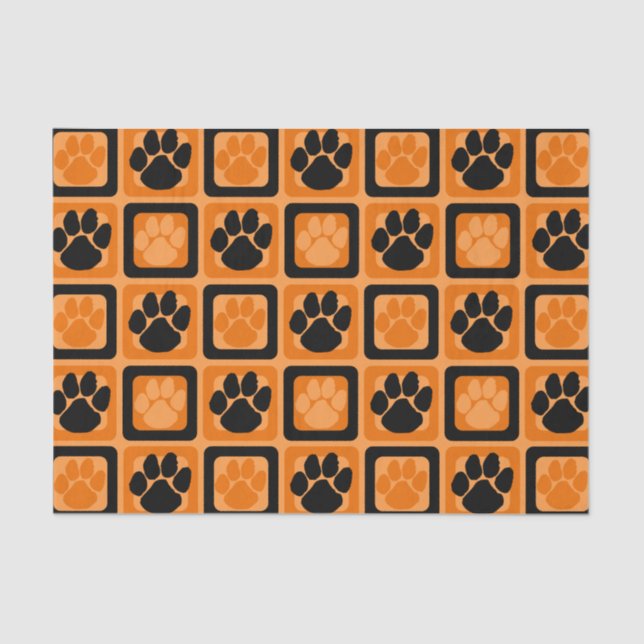 Papel De Seda Pawprint repetitivo laranja e preto (Frente )